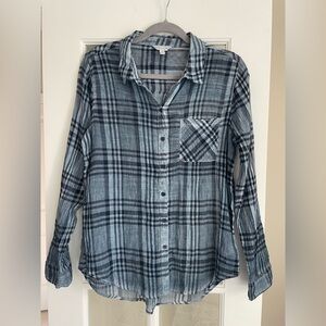 Lucky Brand Plaid Gauze Button Front Shirt Blue Gray Cotton Size M